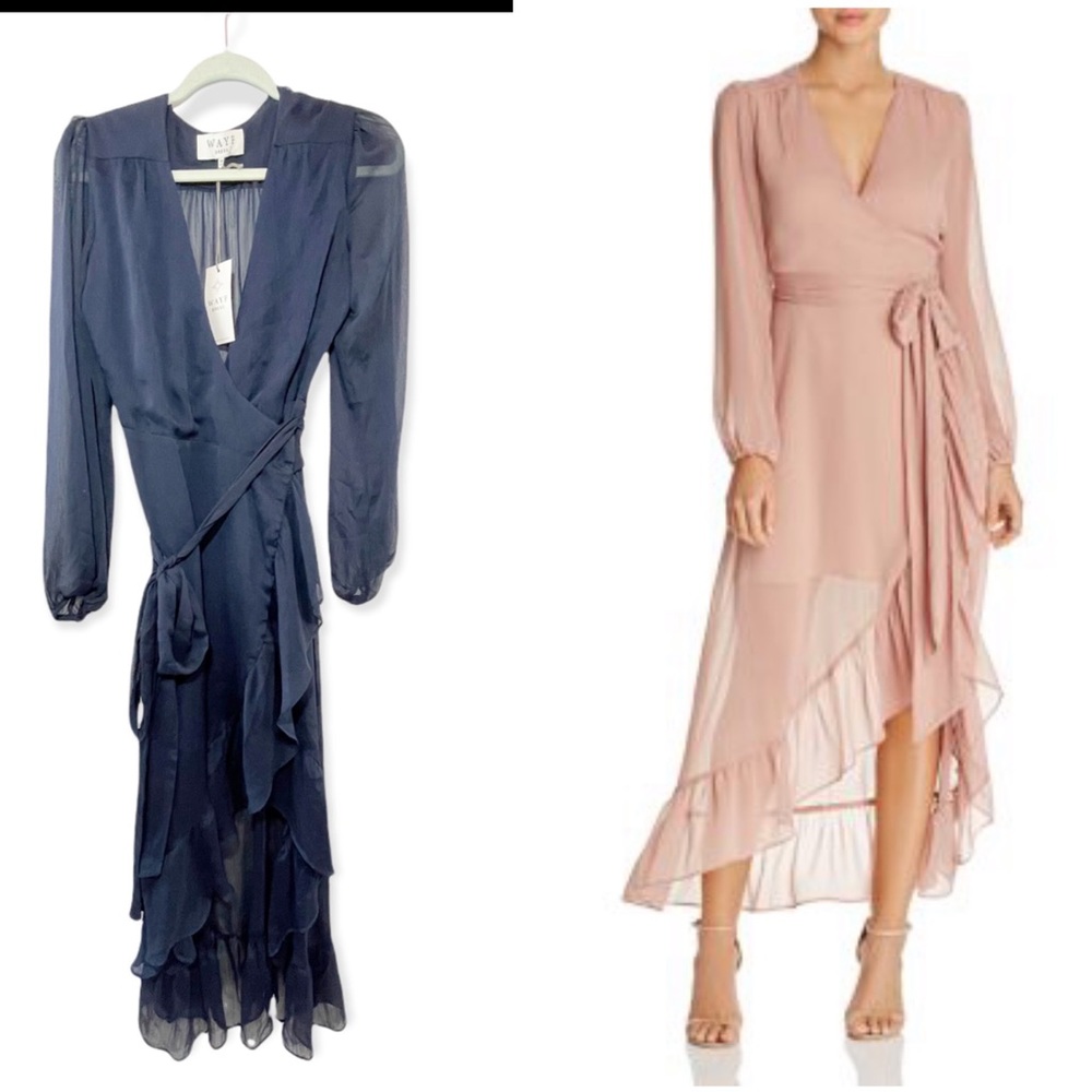 Wayf only you ruffled wrap navy sheer maxi v neck dress